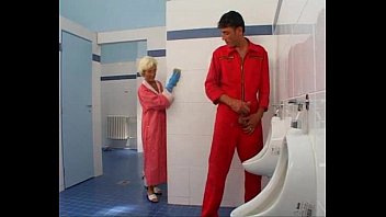 Slacker fucked old cleaning lady in the restroom